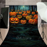 Lofaris Jack O’ Lantern Forest Sweep Photography Backdrop with Floor Spooky Carved Pumpkins Dark Halloween Night Photo Prop